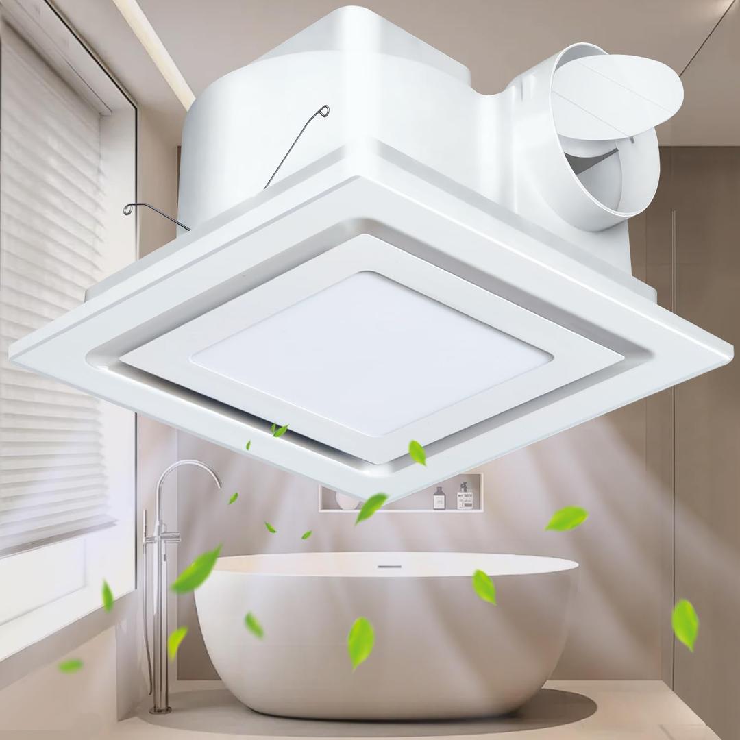 12" Bathroom Exhaust Fan with LED Light, Square Ceiling Mount Quiet Exhaust Fan for Bathroom/Restroom/Shower/Home/Office,1.0 Sones Low Noise, 141 CFM 4" Duct (Panel size:12inch)