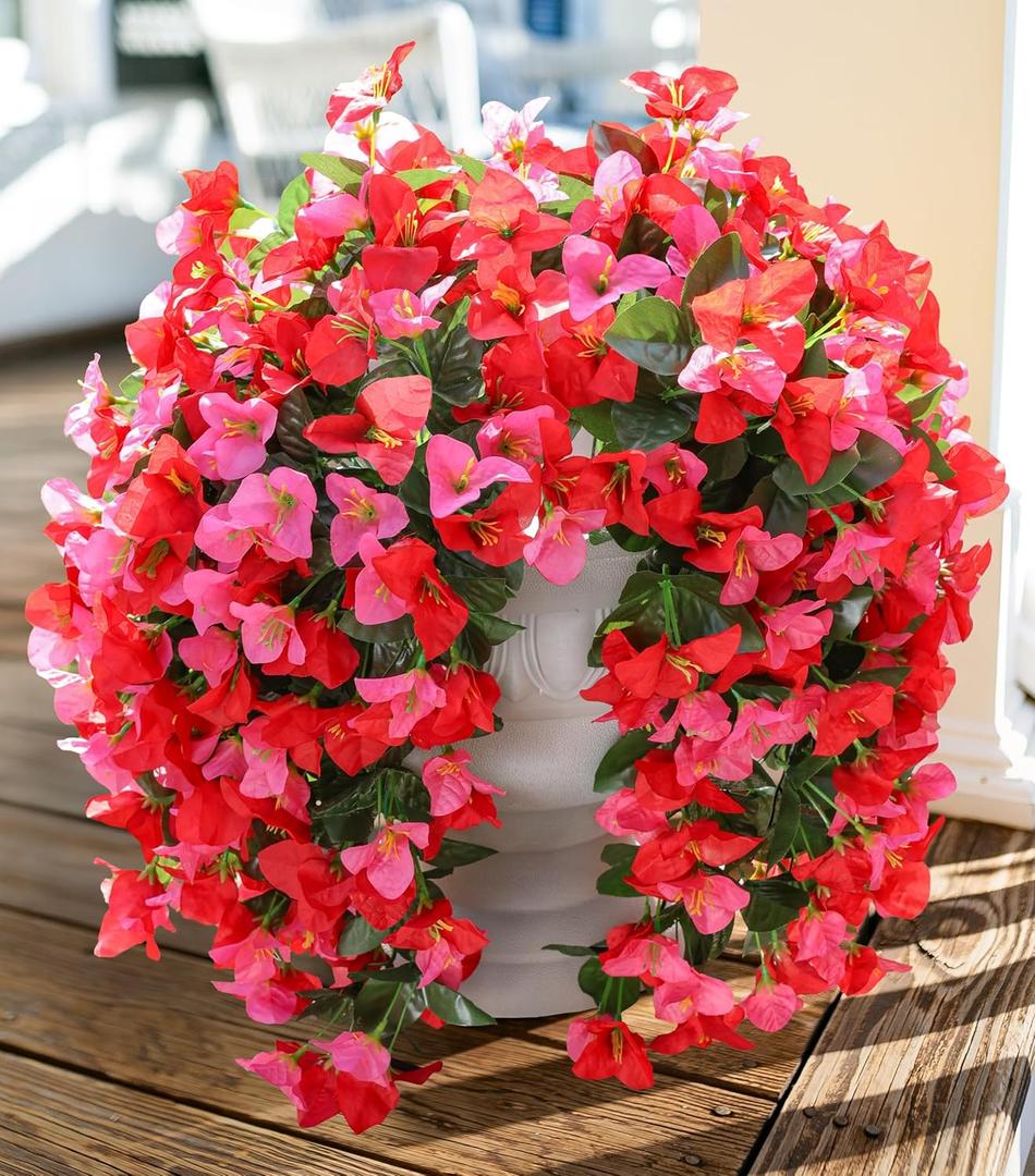 Faux Bougainvillea Artificial Flowers Plants for Outdoors Outside Decoration, 2 pcs Fake Flowers Realistic UV Resistant Silk Long Trailing Vines for Front Door Porch Planter Urn Patio Balcony Yard,Mix
