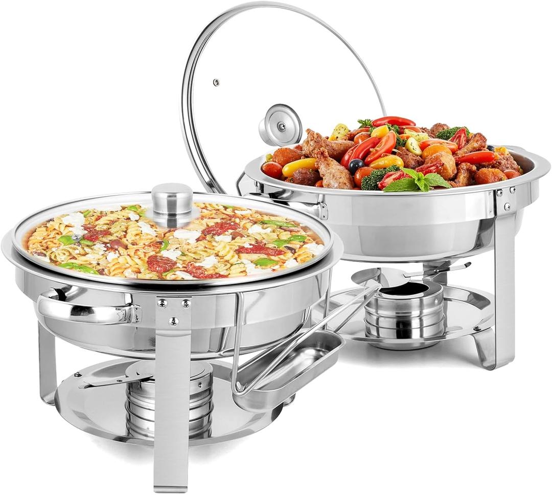 ROVSUN 5 Qt 2Pack Chafing Dish Buffet Set, NSF Stainless Steel Round Chafers for Catering, Buffet Servers and Warmers Set with Glass Lid & Lid Holder, Thick Stand Frame for Wedding Party Banquet Event