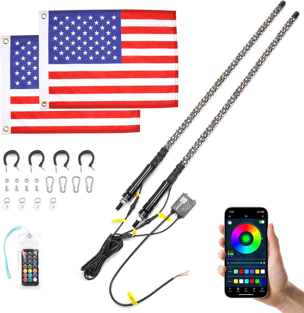 KEMIMOTO 2pc 3ft Bluetooth Whip Lights for Side by Side, Turning Signal Function Compatible with Polaris RZR Can-Am Maverick X3, LED Whip Lights for UTV ATV Buggy Boat Offroad RGB