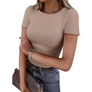 ANRABESS Women Short Sleeve Crewneck Ribbed Knit Slim Fitted Shirts Summer Tops Basic Tee Casual 2026 Fall Outfits Clothes (X-Large, Khaki)