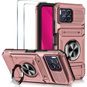 for T-Mobile REVVL 7 Pro 5G Case, with 2 Pack Tempered Glass Screen Protector, [with Card Holder], Kickstand with Magnetic Car Mount, Dual Layer Protective Phone Case for REVVL 7 Pro-Rose Gold