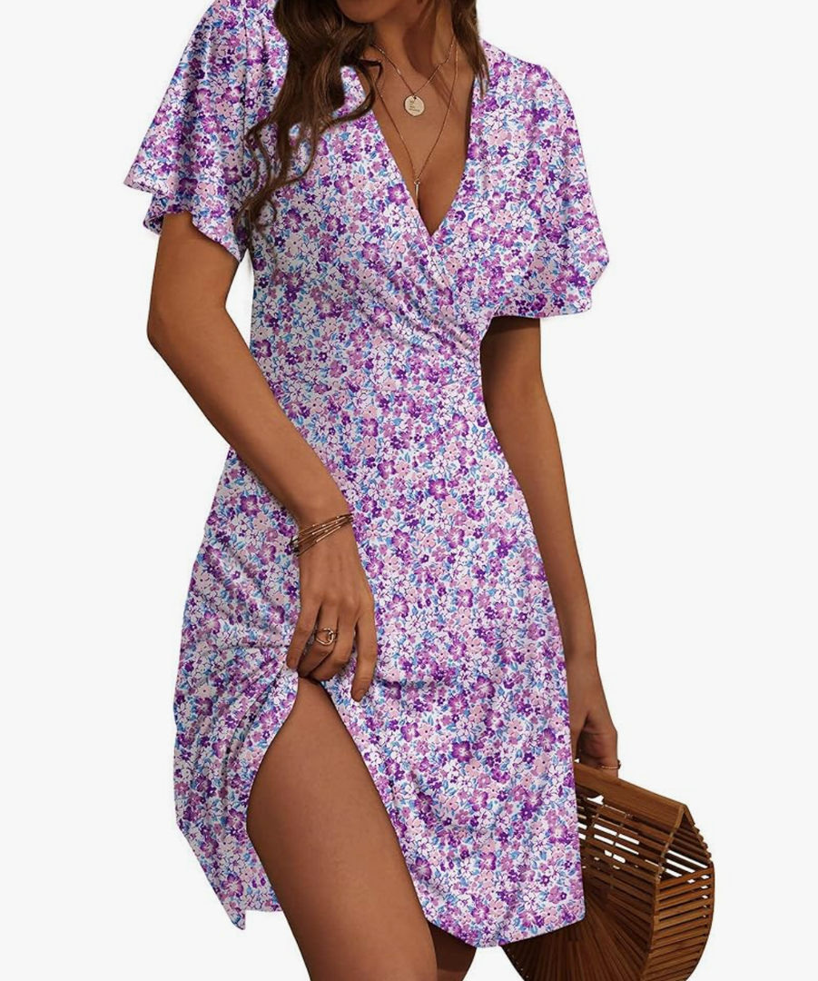 FENSACE Womens Sundress Summer Floral Short Sleeve Wrap V Neck A-Line Midi Dress, Small
