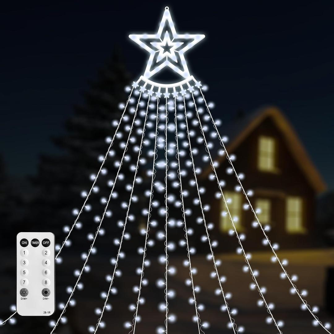 350 LED Christmas Decorations Star String Lights Waterproof Waterfall StarLights 8 Light Modes Remote & Timer,Waterproof Seasonal Lighting Decor for Home Xmas Tree Yard Wedding Party (Cool White)