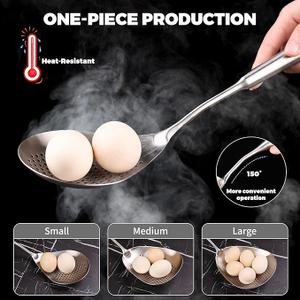 Skimmer Slotted Spoon Stainless Steel Skimmer Colander Kitchen Strainer Ladle with Long Handle for Kitchen Cooking and Frying Draining 2 Pack, Medium