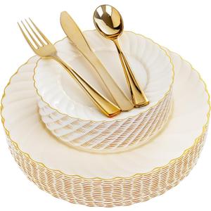 YOUBET 125PCS Scalloped Plastic Plates - Ivory Scalloped Disposable Plates - Gold Plastic Dinnerware Set Include 50 Plates, 75 Gold Silverware for Party & Wedding & Christmas