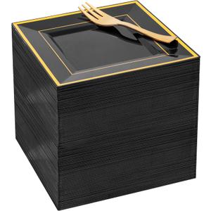 WDF 200PCS Black and Gold Plastic Dessert Plates with Plastic Forks -6 100 Square Disposable Appetizer Plates Small Plate Cake Plate with Gold Rim