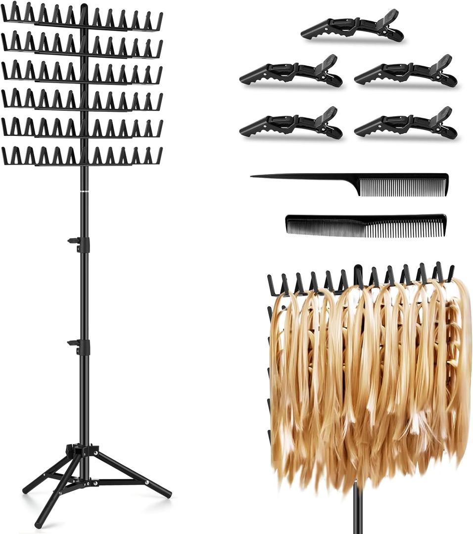 JANMPASK Braiding Hair Rack Height Adjustable 144 Pegs Braiding Rack Hair Extension Holder with Hair Braiding Tools Hair Divider Rack for Braiding Hair Separator Stand (black)