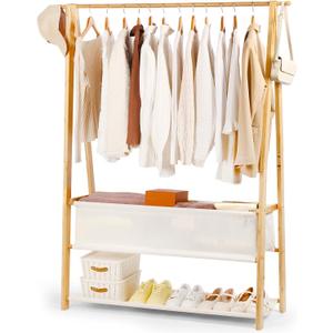 Bamboo Clothes Rack with Storage Box and Storage Shelf, Portable Extra Large Garment Rack Clothing Rack, Foldable Wardrobe For Entryway and Bed Room (L - 47.2 Inch)