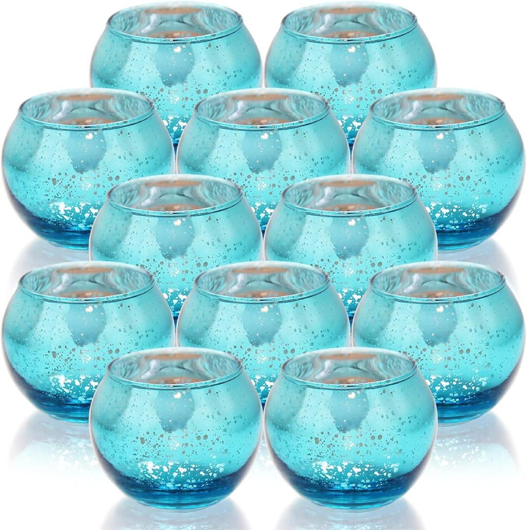 Tebery 12 Pack Round Blue Votive Candle Holders, 2-Inch Glass Tealight Candle Holder for Table Centerpiece, Wedding Decoration, Party, and Home Decor