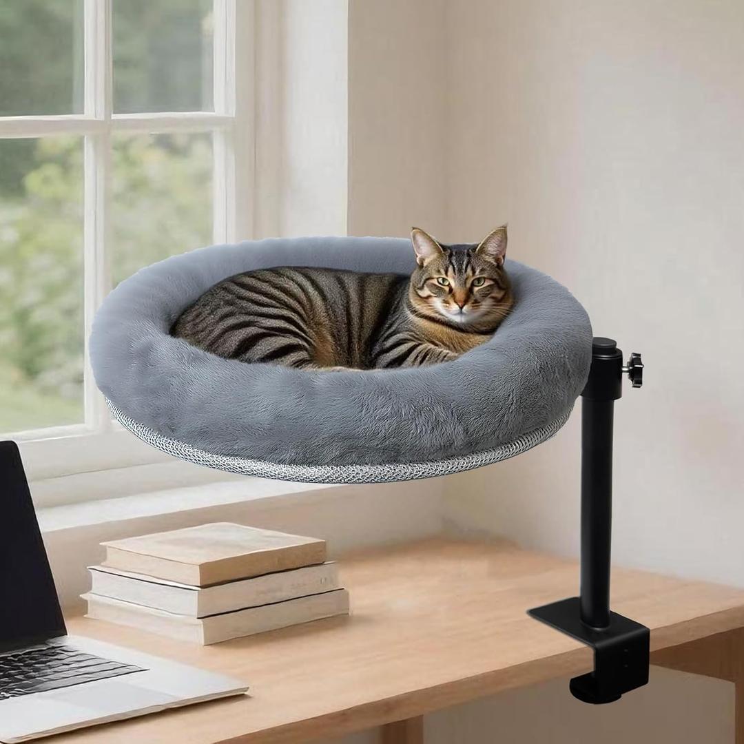 Cat Desk Bed with Summer Colling Mat, 360 Rotating & Height Adjustable Indoor Cat Nest, Large Desktop Cats Perch for Home Offcice Space Saving, Supports Up to 40 lbs, Machine Washable Removable Cover