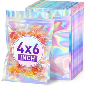 50 Pack Holographic Mylar Bags, 4'' x 6 Packaging Bags for Small Business, Resealable Smell Proof Bag, Holographic Rainbow Color Resealable Bag Zip Baggie for Food Storage & Jewelry Packaging