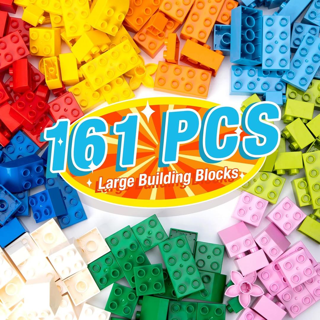 Large Building Blocks for Kids Toddlers, 161PCS Big Building Bricks with 10"x10" Large Baseplates - Compatible with Major Brands Blocks, Birthday Gfits for Toddler Kid, 9 Color/13 Shape