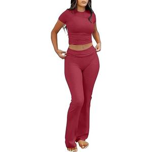 ANRABESS Lounge Sets for Women 2 Piece Foldover Yoga Flare Leggings Pants Crop Tops Casual Y2K Outfits Matching Tracksuit Set Burgundy X-Small