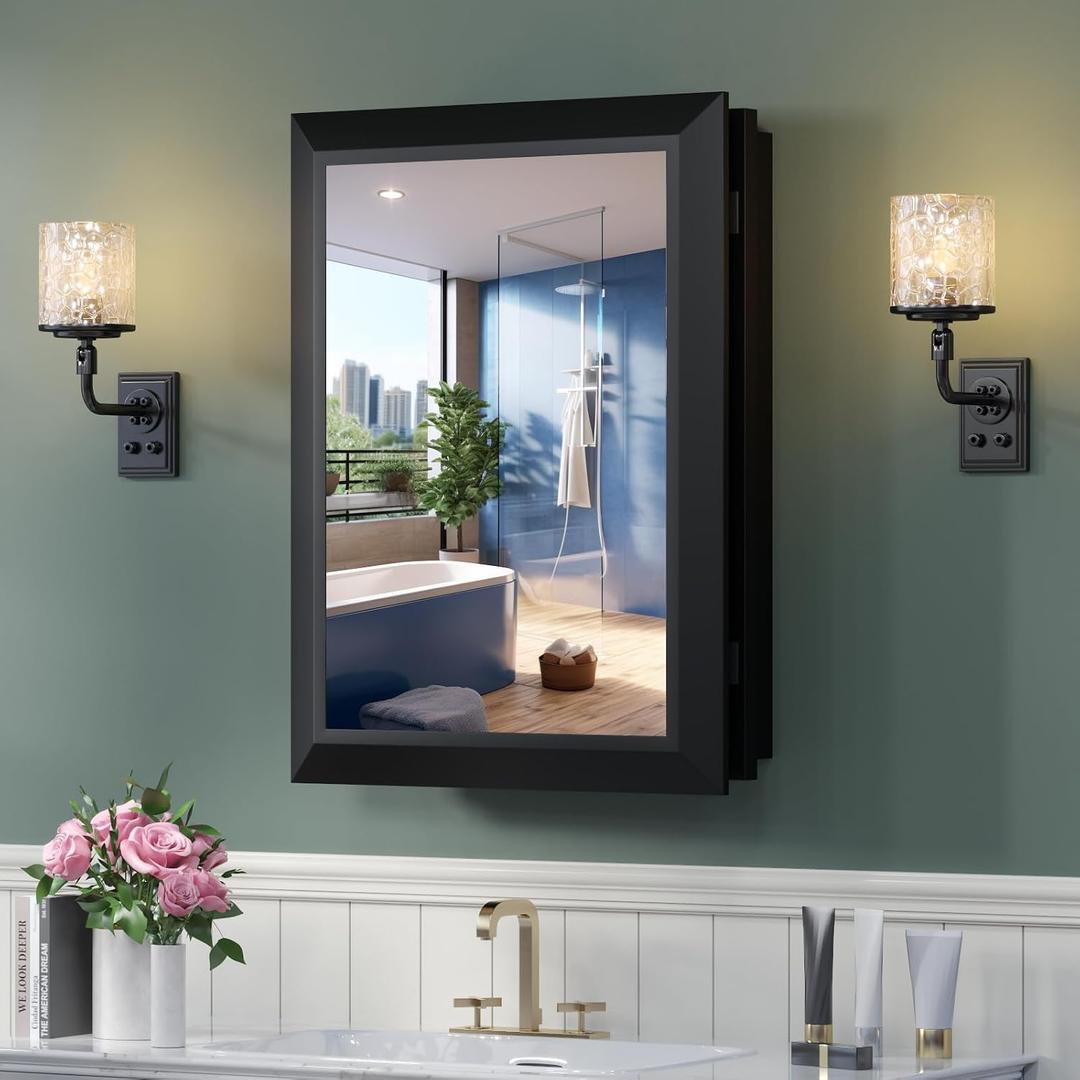 Artful Medicine Cabinet with Mirror, All-Metal Rust-Proof Thick Metal Framed Design, Secure & Detachable 3 Shelves + 1 Organizer Box, with Soft-Close Hinges Bathroom Mirror with Storage, 20"x26" Black