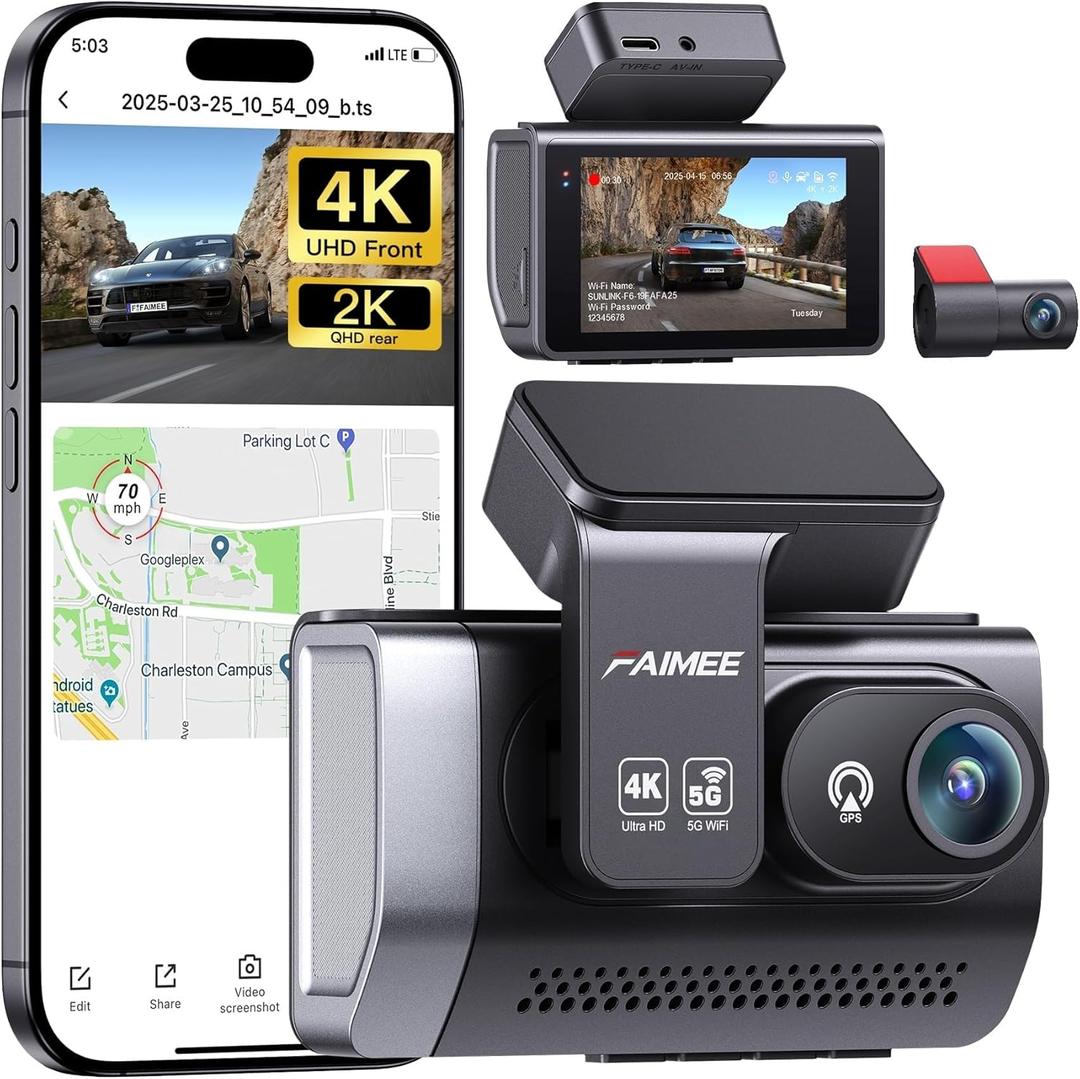 FAIMEE 4K Dash Cam Front and Rear with GPS, Upgraded 5.8G WiFi, Dual Dash Camera for Cars, Night Vision, WDR, 160Wide Angle, 24H Parking Monitor, Emergency Lock, 3" IPS Screen