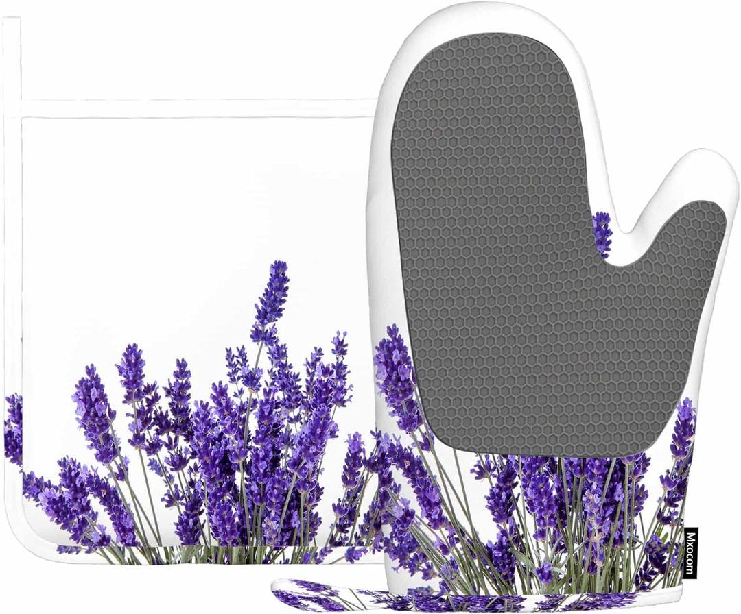 Lavender Flowers Oven Mitts and Pot Holders Sets Purple Blooming Flower Silicone Heat Resistant Kitchen Oven Gloves Pot Holder for Cooking