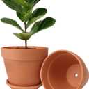 INGOFIN Terracotta Pot Set of 2 with Saucer - 10 Inch Ceramic Clay Pot for Plants with Drainage Hole, Large Terra Cotta Flower Planter with Tray for Indoor Outdoor Plants