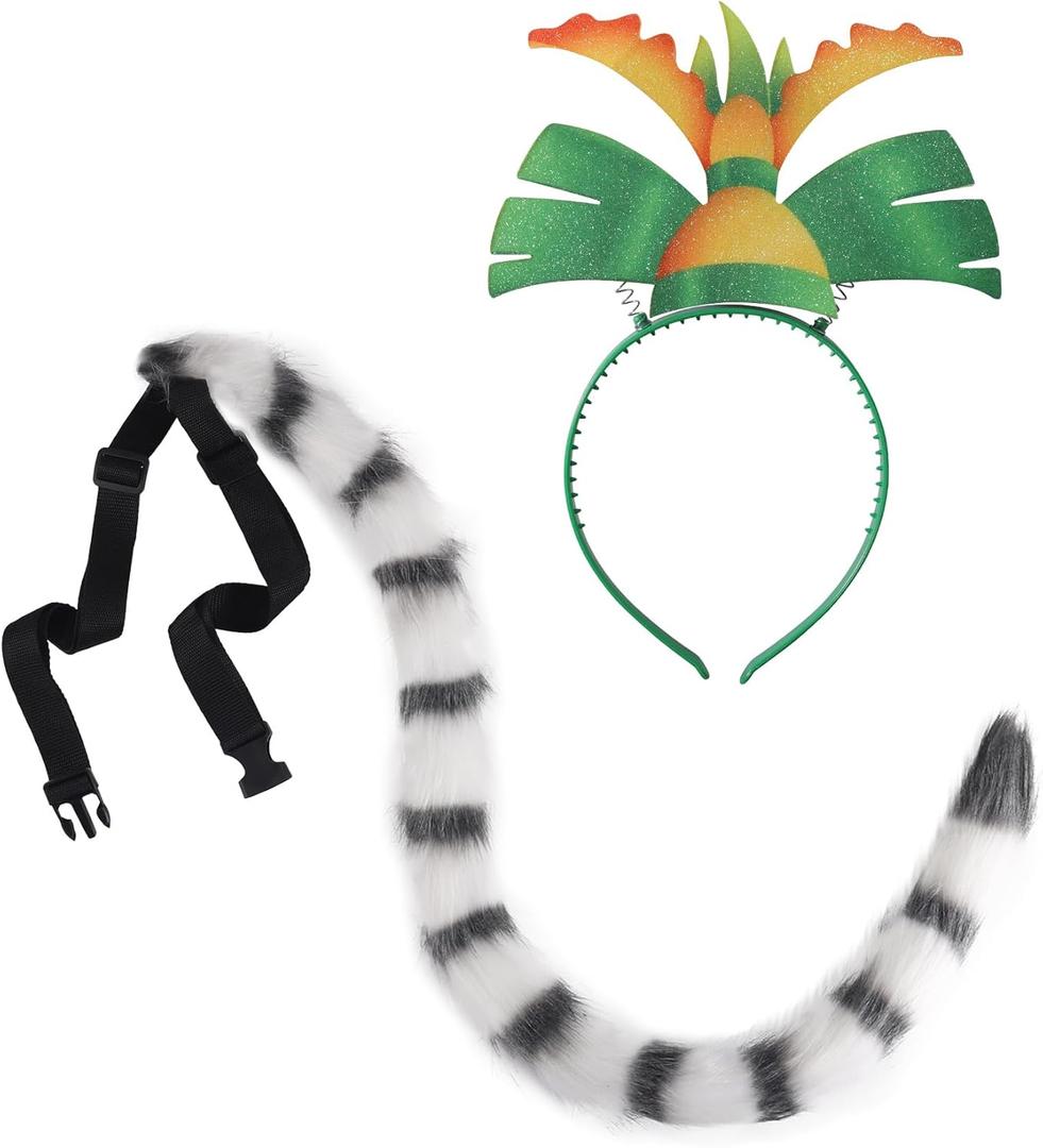 Roicaholy Lemur Ears and Tail Set, Lemur Costume Cosplay Accessory, Fluffy Faux Fur Tail Animal Ears Headband for Halloween Party