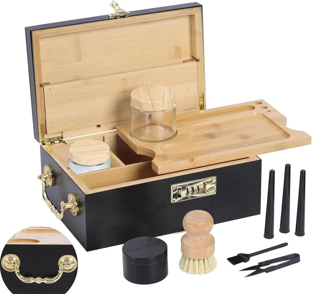 Bamboo Box Tray Set with Combination Lock  Includes Tray, Glass Jars & Accessories, Lockable Organizer with Exquisite Handles, Great for Home Storage and Gift Giving (Black)