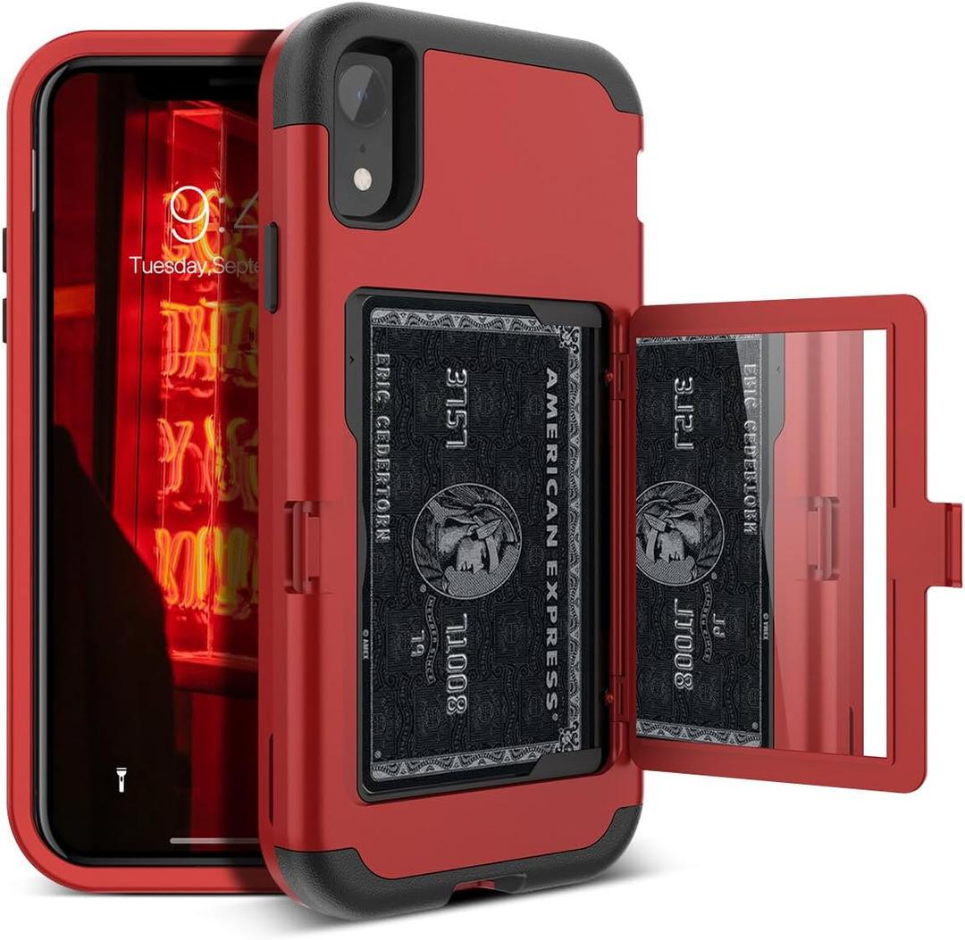 WeLoveCase for iPhone XR Wallet Case Design with Card Holder and Hidden Back Mirror Three Layer Heavy Duty Protection Shockproof All-Round Armor Protective Case for iPhone XR, Red