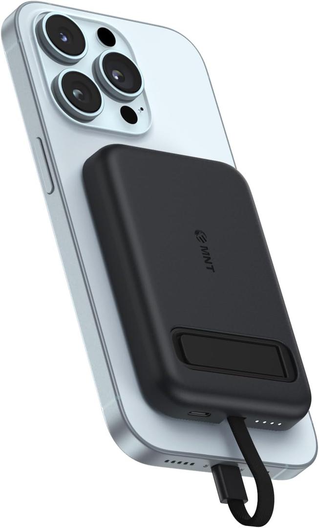 EMNT Mini Magnetic Portable Charger for iPhone,5200mAh Power Bank with Built-in Cable/Metal Stand, Battery Pack Compatible with iPhone 14/13/12/11 Pro/Max/X/8/7/6 etc