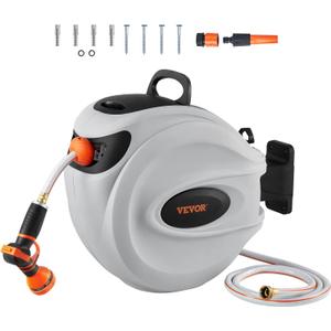 VEVOR Retractable Hose Reel, 65 ft x 5/8 inch, 180 Swivel Bracket Wall-Mounted, Garden Water Hose Reel with 9-Pattern Nozzle, Automatic Rewind, Lock at Any Length, and Slow Return System