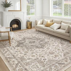 Vintage Living Room Area Rug 9x12 - Large Soft Washable Oriental Traditional Distressed Farmhouse Rugs for Bedroom - Indoor Floor Accent Carpet for Home Office House Decor - Light Brown