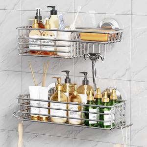 TAILI Shower Caddy Suction Cup 2 Pack with Hooks and Soap Holder, Heavy Duty Shower Organizer for Bathroom, No Drilling Silver Bathroom Suction Shelves-Silver