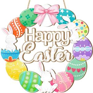 3 x Easter Eggs Wreaths Sign for Front Door, Colorful Eggs Hollow Hanging Solid Wood Happy Easter Sign Decorations for Home Shop Garden