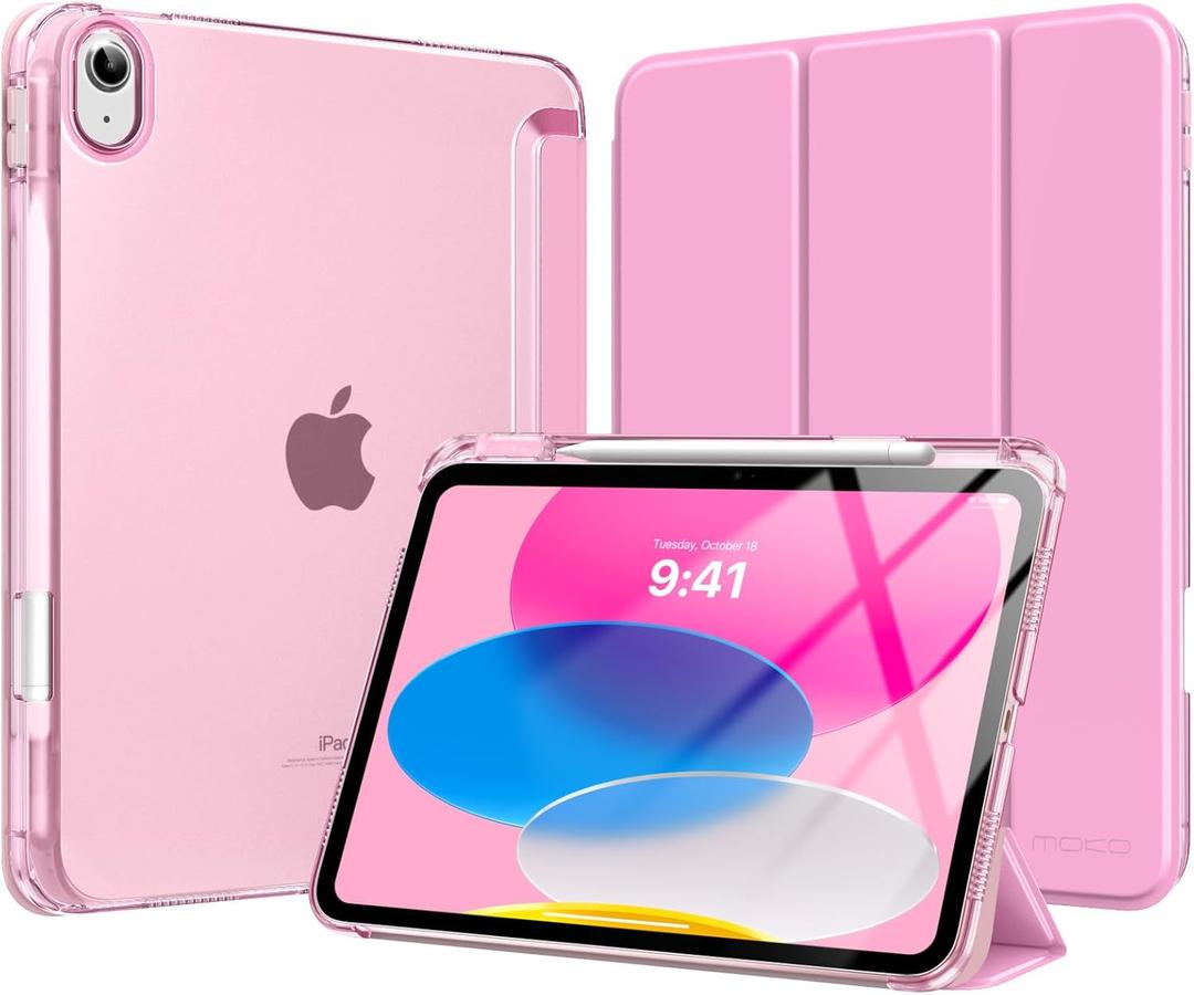 MoKo for iPad (A16) 11th Generation Case 11 Inch 2025, iPad 10th Generation Case 10.9 Inch 2022 with Pencil Holder, Slim Light Trifold Protective Cover with Hard PC Translucent Back Shell, Pink