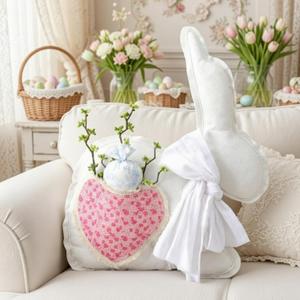 Civaner Easter Bunny Throw Pillow Felt Rabbit Shaped Decorative Pillows with Pink Heart and Removable Carrots Easter Decoration Cushion for Room Couch Sofa Bed Farmhouse Spring Decor 20 X15.7 Inches
