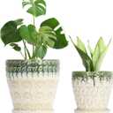 Ceramic Planter Pots for Indoor Plants, 8Inch + 6 Inch Plant Pot with Drainage Holes, Saucers and Mesh Pads, Succulent Orchid Flower Pot -Set of 2 (Green+white)
