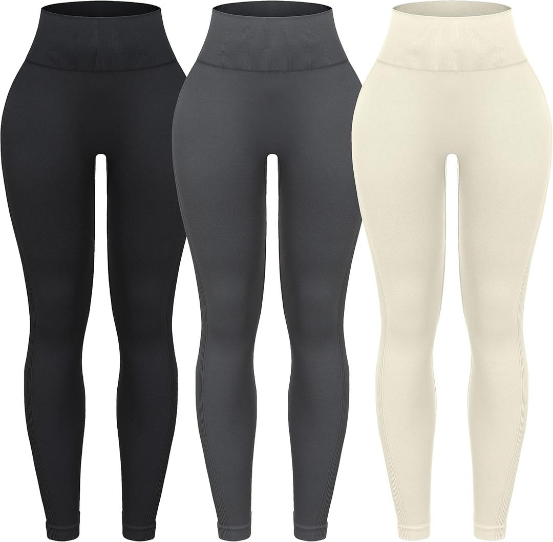 OVESPORT 3 Pack Tie Dye Seamless High Waisted Workout Leggings for Women Scrunch Butt Lifting Yoga Gym Athletic Pants (Large, Solid-black/Gray/White)