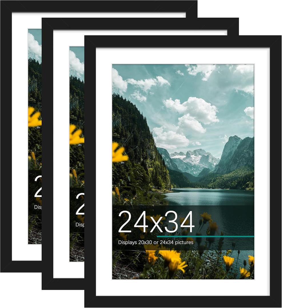 Picrit 24x34 Picture Frame 3 Pack, Black Poster Frame, Display Poster 20 x 30 with Mat or 24 x 34 without Mat for Horizontal or Vertical Wall Mounting