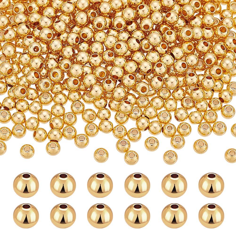 PH PandaHall 400pcs 14K Gold Plated Beads 4mm Brass Spacer Beads Metal Bracelet Beads Gold Beads Round Ball Beads Small Loose Spacer Beads Stackable Beads for Bracelets Necklace Beading Crafts Making