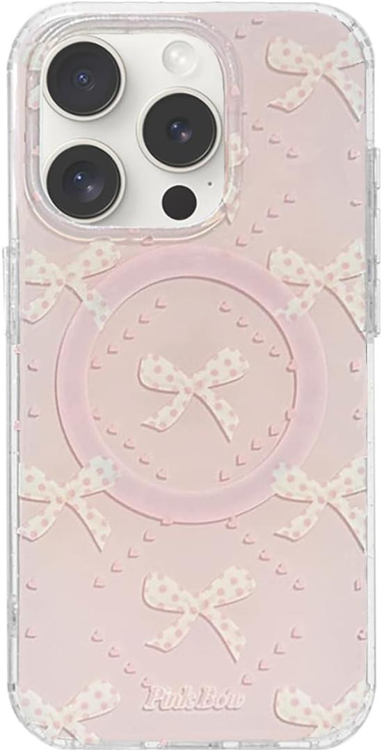 Magnetic Case for iPhone 13/14, Compatible with Magsafe, Cute Bowknot Aesthetic Bow Phone Case PC Protective Cover for Women Girls- Pink
