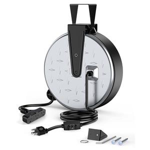 DEWENWILS Metal Extension Cord Reel,30FT Retractable Extension Cord, 16AWG/3C SJTW Power Cord, 3 Electrical Outlets, 10A Circuit Breaker, Wall or Ceiling Mountable for Workshop, Garage, UL Listed