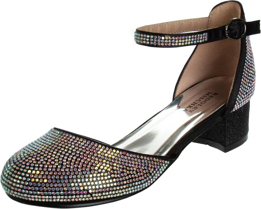Badgley Mischka Girls Dress Shoes - Kids Rhinestone Party High Heel Pumps Slip-On Block Closed Toe with Ankle Buckle - Black (Size 6 Big Kid)