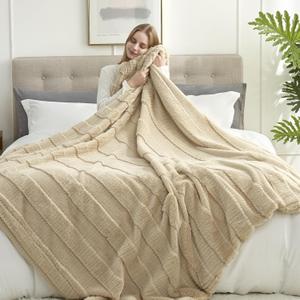 Amélie Home Luxury Striped Faux Fur Throw Blanket for Couch, Embossed Split Fur Cozy Fuzzy Fluffy Luxurious Soft Plush Sofa Chair Bed Gift Blankets for Women Men Wife Friend, 88"x90", Beige