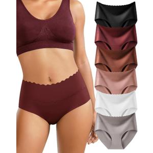 6 Pack Womens Seamless High Mid Waisted Underwear No Show Briefs Full Coverage Ice Silk Soft (Large)
