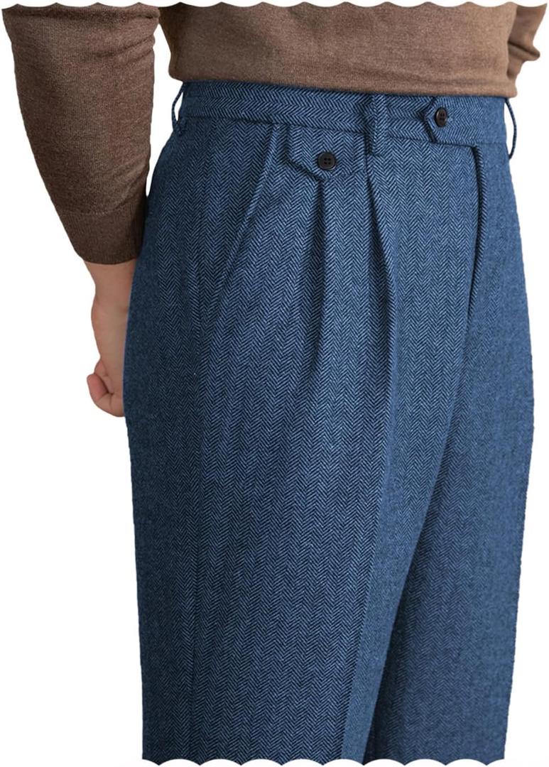 Mens Pants Tweed Herringbone Vintage Dress Pant Trousers Regular Fit Suit Pants for Men (32W x 32L, Blue)