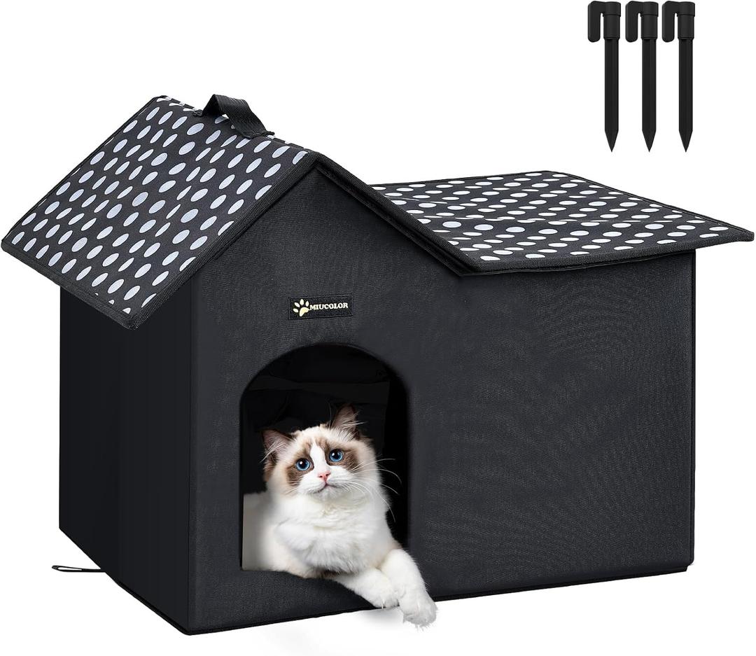 MIU Color Outdoor Cat House, Upgraded Large Double Roof Weatherproof Cat House for Outdoor Cats, Insulated Wild Cat Shelter with Removable Soft Padding, Easy to Assemble,20" x 13.8" x 16" inch