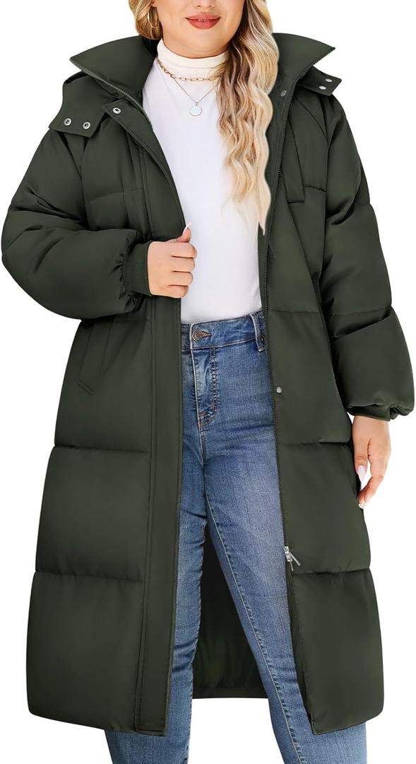 HEEKPEK Womens Plus Size Winter Coats Long Puffer Jackets Hooded Quilted Water Repellent Warm Trendy Parka Outerwear 2025 (4X-Large Plus, Army Green)