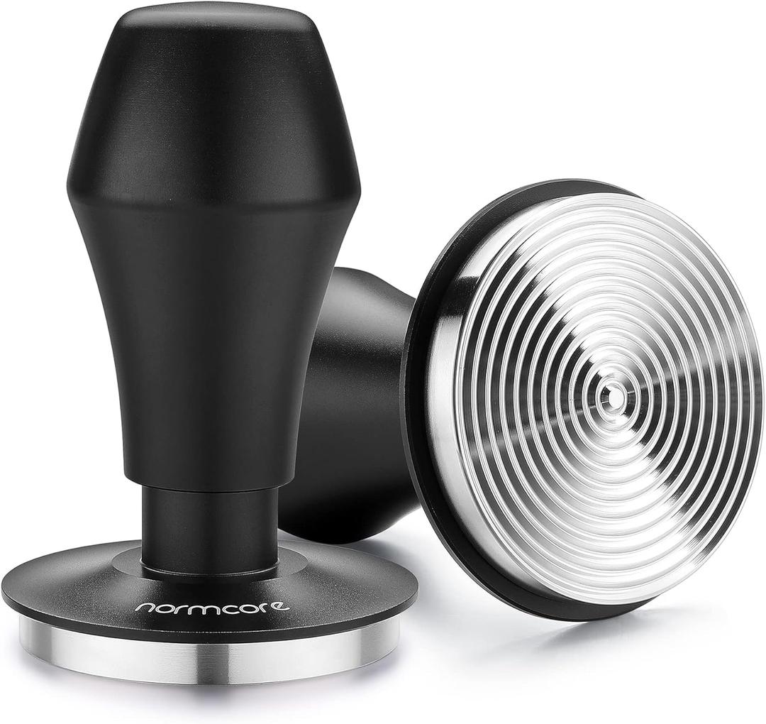 Normcore 58.5mm Espresso Coffee Tamper V4 - Spring Loaded Tamper With Stainless Steel Ripple Base - 15lb / 25lb / 30lbs Replacement Springs - Anodized Aluminum Handle and Stand (Black)