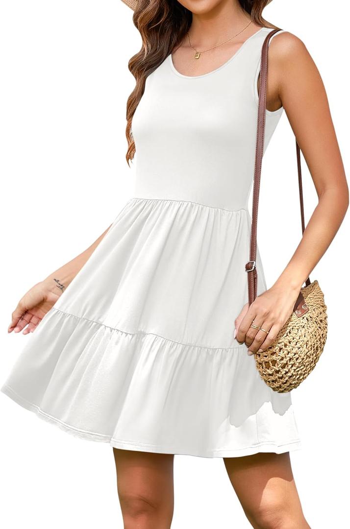AUSELILY Womens Summer Dress Casual Sleeveless Crewneck T Shirt Sundress Flowy Tiered Swing Mini Dresses (White, XL)