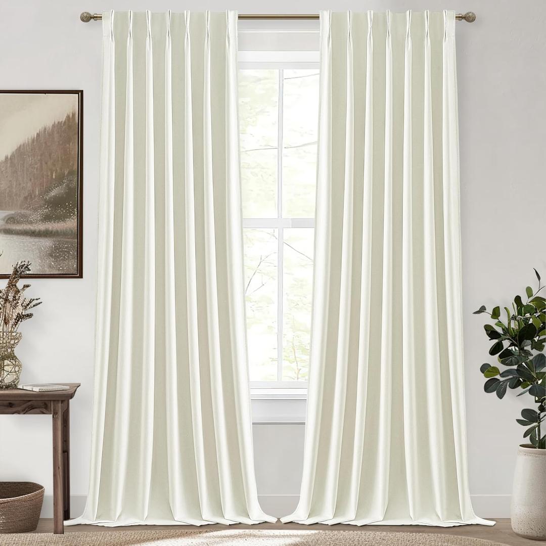 Cream White Blackout Drapes 96 Inches Long 2 Panels, Linen Room Darkening Fabric Thick for Bedroom Viral Pinch Pleated Window Curtains 96 Inches Long with Hooks Sound Deadening Insulated Thermal Cute