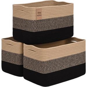 Degeyoyo Woven Storage Baskets, Baskets for Organizing, 3 Pack Woven Basket for Storage, Storage Baskets for Shelf, Towel, Toy, Book, Closet, Baby 15"10"9" (Black&Brown)