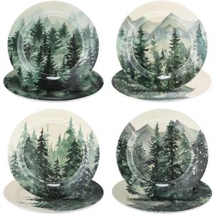 8 Pcs Christmas Melamine Salad Plates Winter Melamine Dessert Plates Assorted Designs Christmas Dishes Dinnerware Set for Xmas Birthday Party Gift Appetizer(8 Inch, Green Tree)