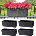 LaLaGreen Deck Railing Planter Box (20 Inch, 4 Pack) Black Rectangular Window Flower Boxes with Bracket, Self Watering System Hanging Planter Box for Outdoor Plant Container Herb Rail Fence Balcony